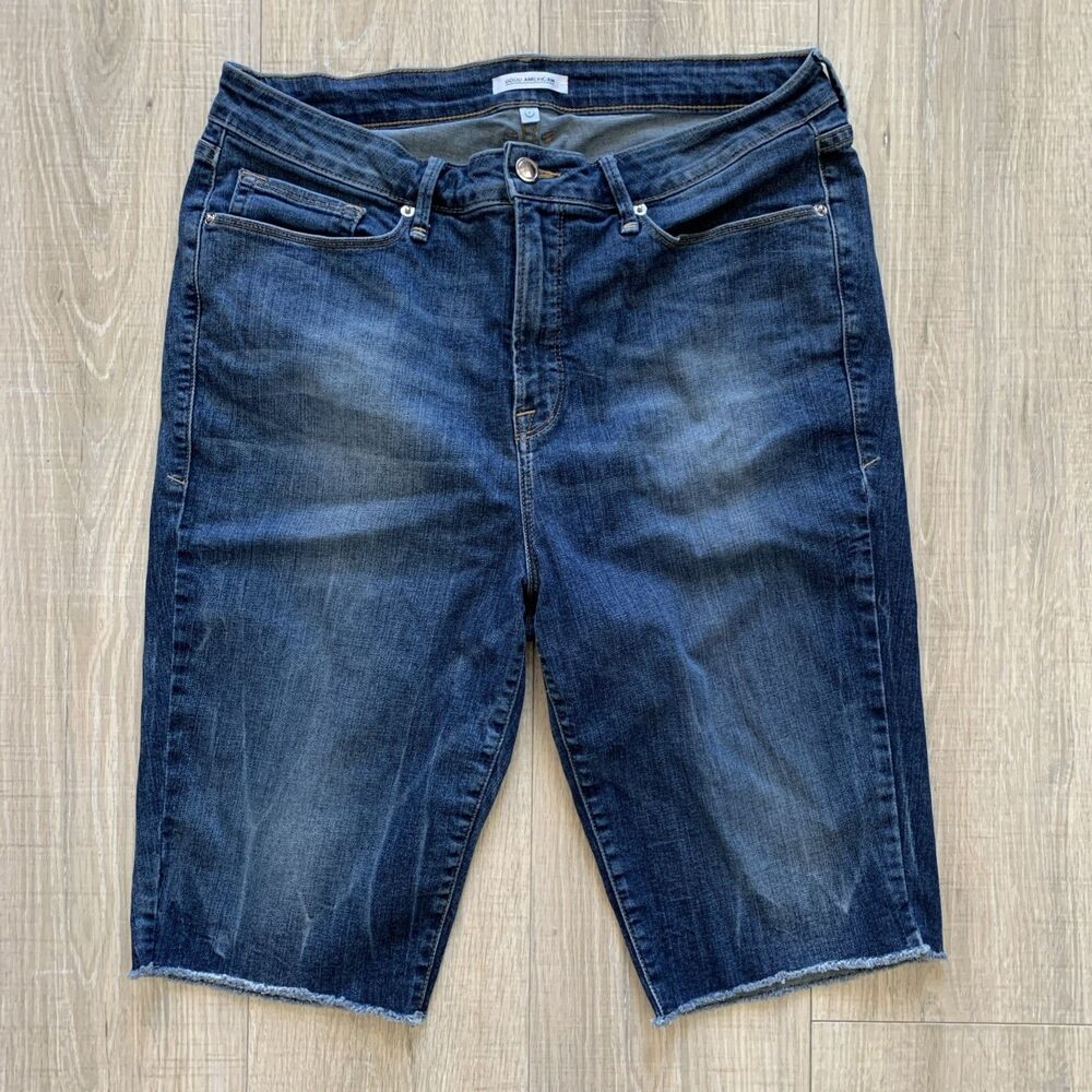 Good American Denim Jean Bermuda Shorts Raw Hem Blue Womens Size 16